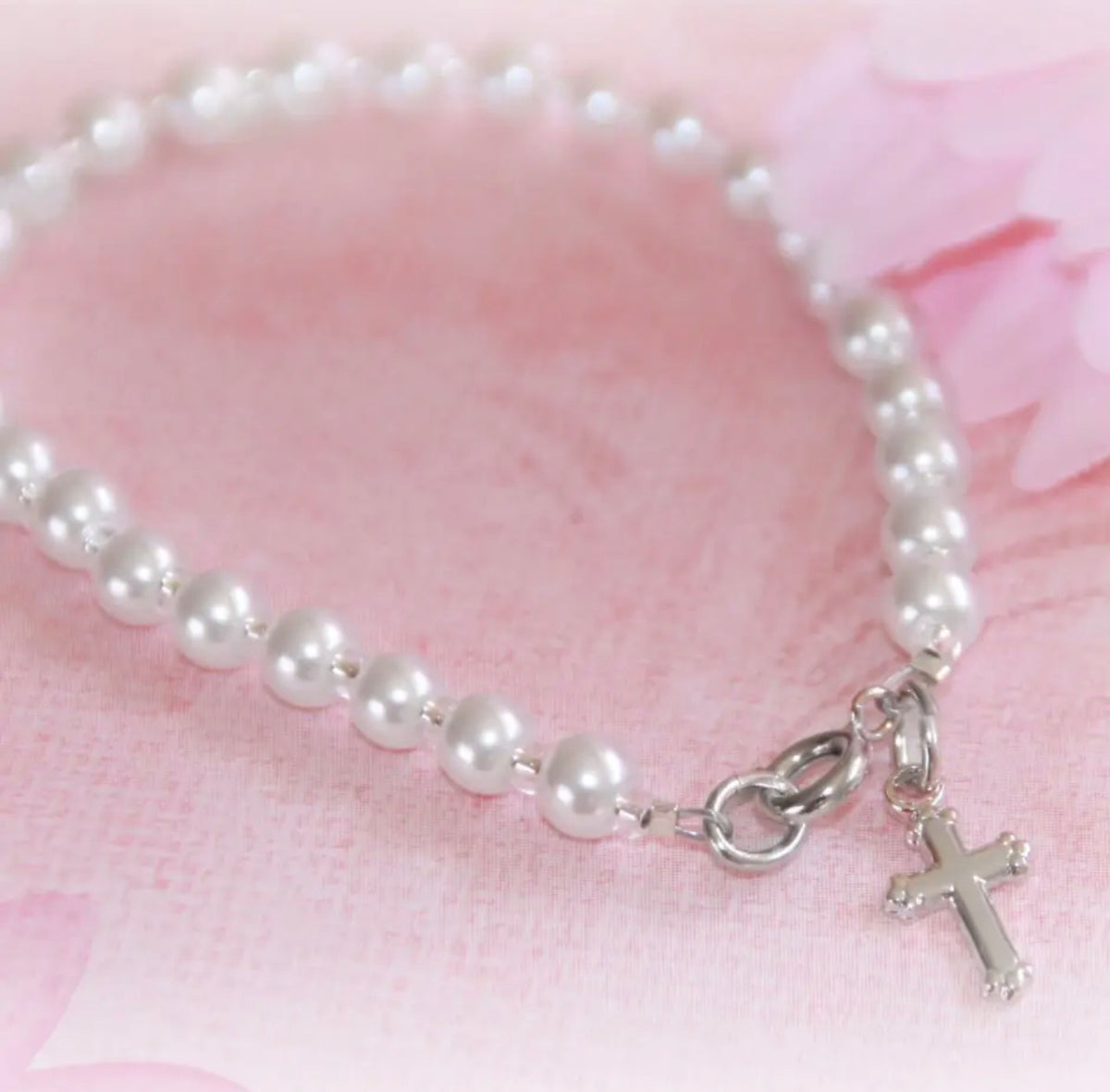 Big Sister Pearl Bracelet with Pink Crystal 5" - CJ-186