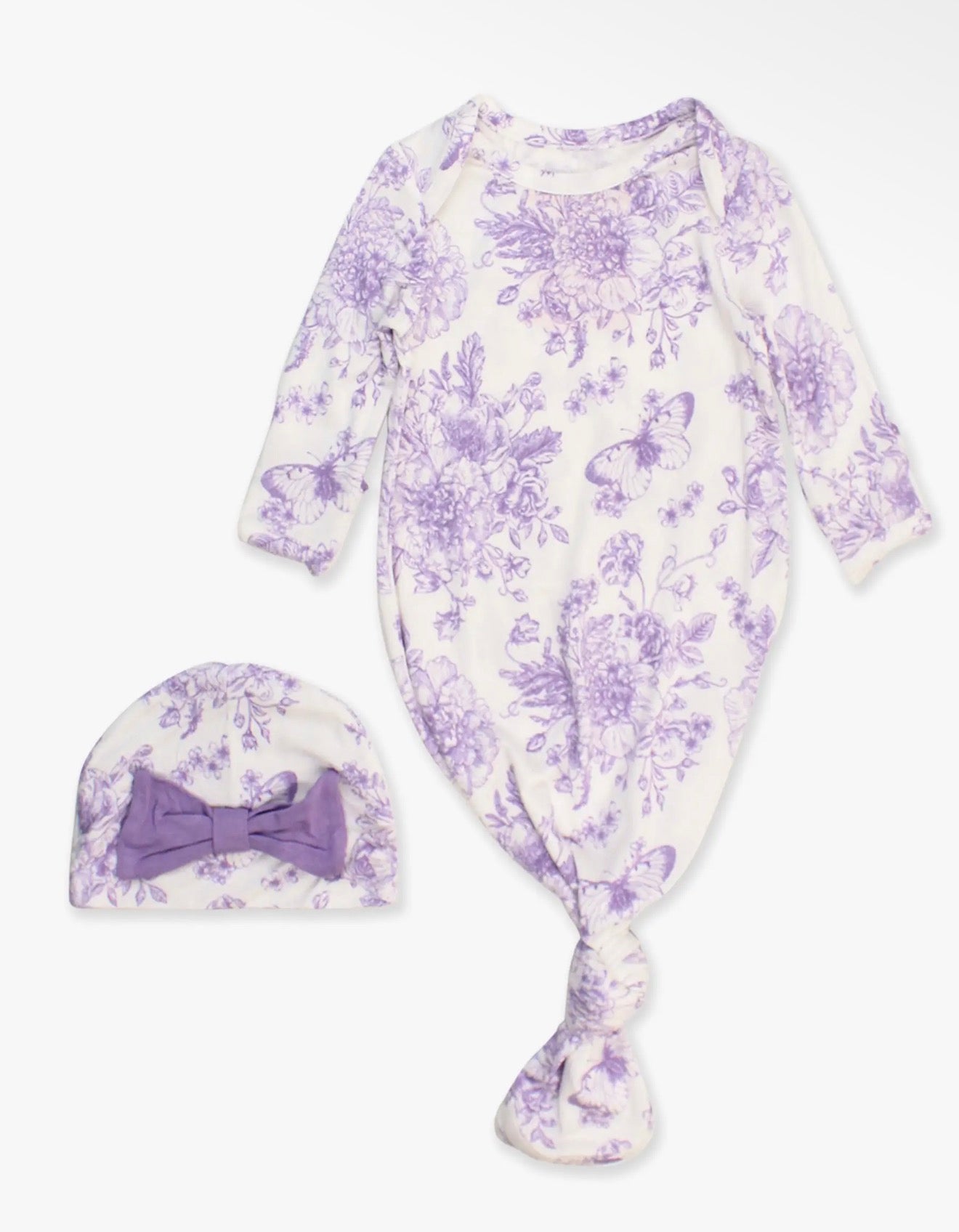 Wisteria Purple Butterfly Garden Toile Sleep Gown & Bow Hat Set