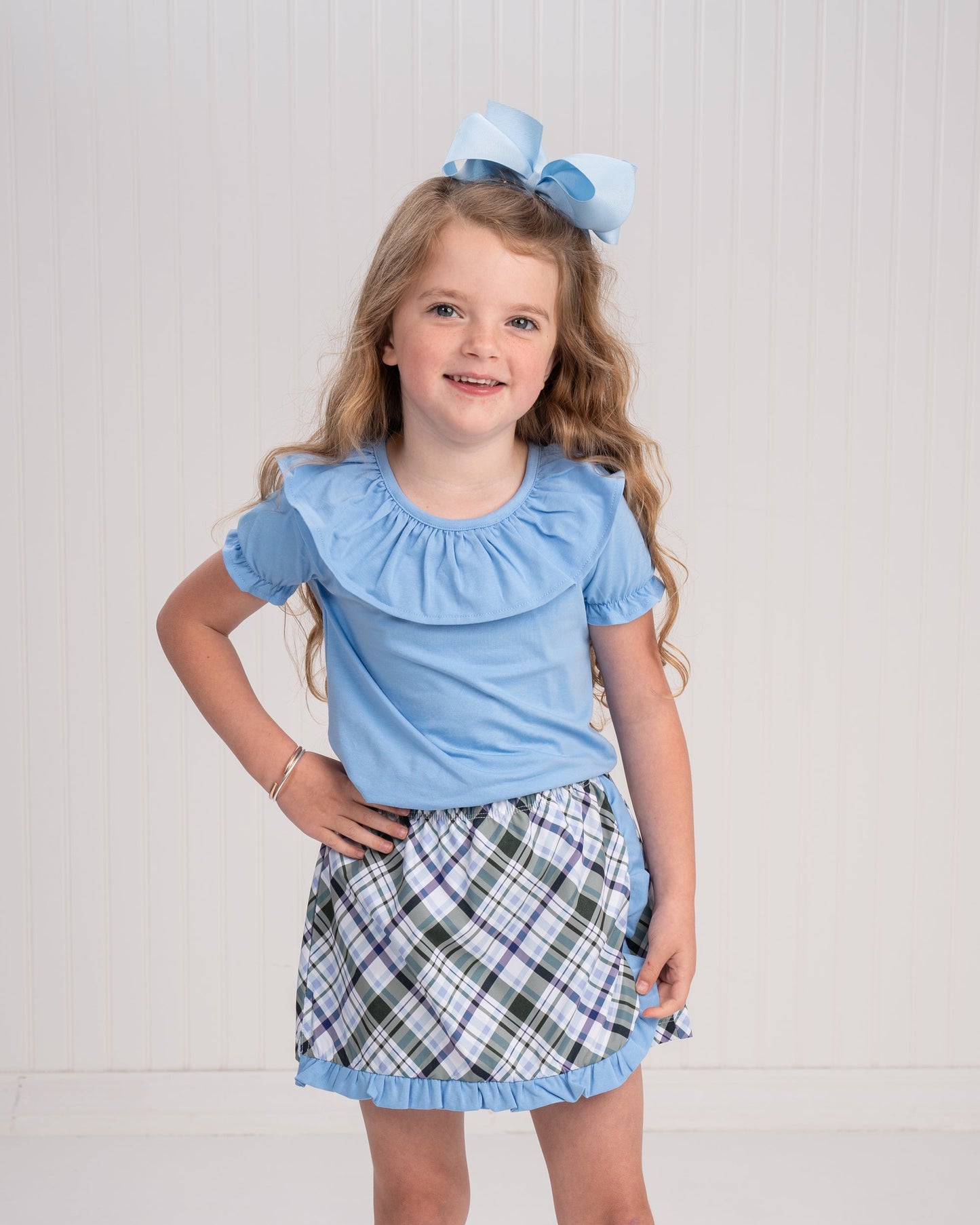French Blue Ruffle Top