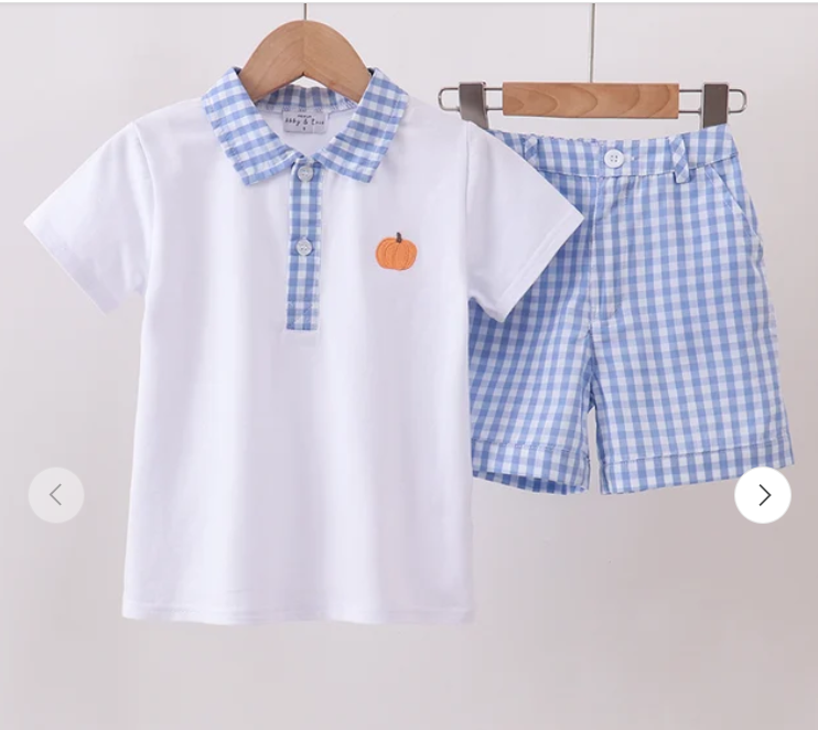 Blue Gingham Pumpkin Embroidery Shorts Set