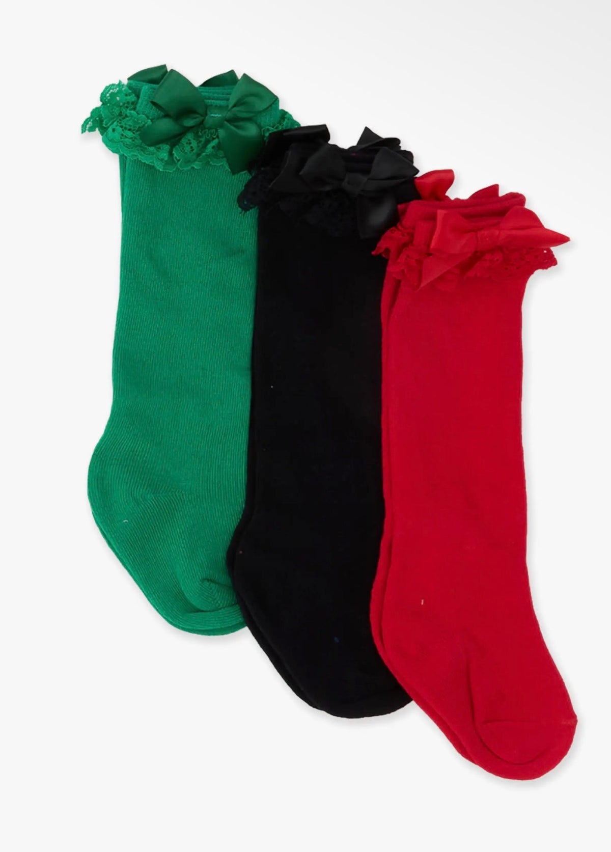 Girl's Green, Red, & Black 3 pack Lace Ruffle Knee High Socks