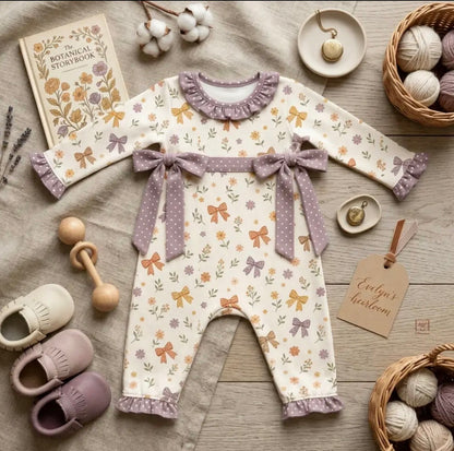 Fall Floral Ruffled Polka Dot Bow Romper
