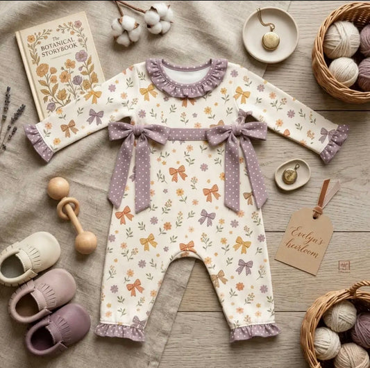 Fall Floral Ruffled Polka Dot Bow Romper