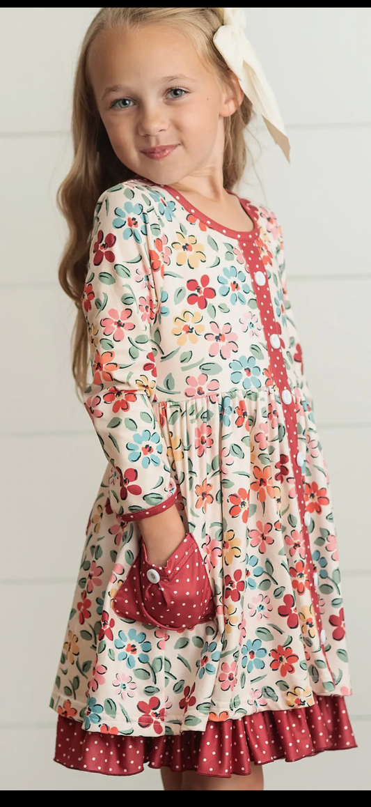 Cream and Burgundy Floral Ruffle Dress