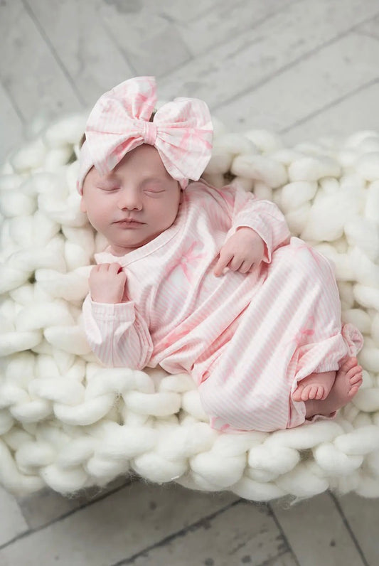 White & Pink Baby Gown & Bow Headband Set