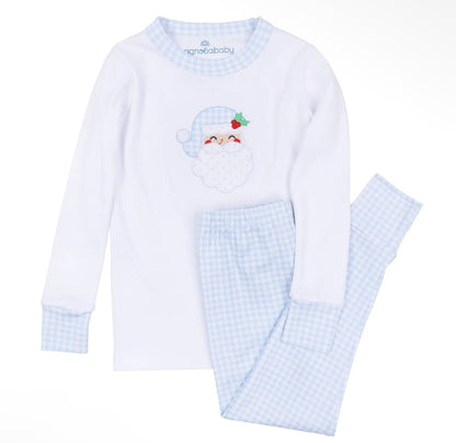 Sweet St Nick Applique Long Pajamas - Light Blue