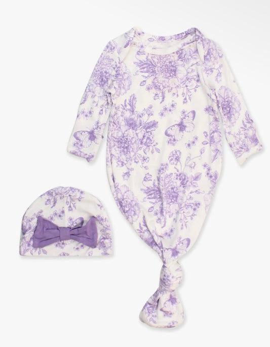 Wisteria Purple Butterfly Garden Toile Sleep Gown & Bow Hat Set