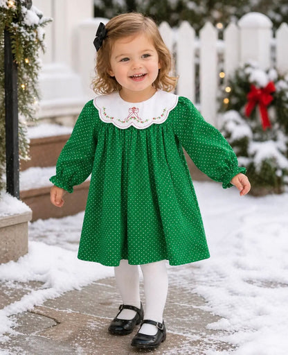 Green Dot Holiday Dress with Novelty Collar