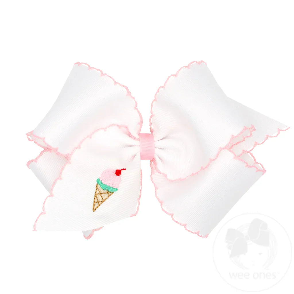 King Hair Bow with Moonstitch Edge and Ice Cream Embroidery