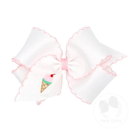 King Hair Bow with Moonstitch Edge and Ice Cream Embroidery