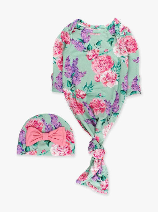 Sage Garden Ruffle Knotted Sleep Gown and Hat Set
