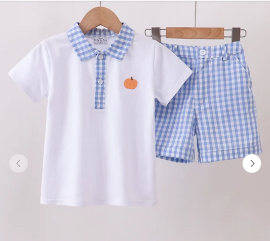 Blue Gingham Pumpkin Embroidery Shorts Set