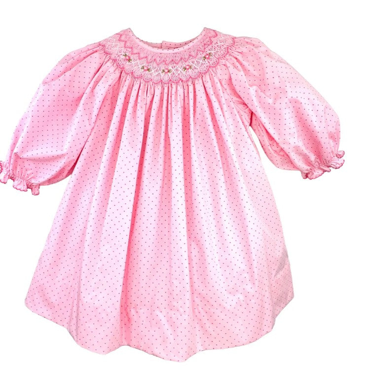 Pink Dot Dress w/ Bishop Smocking