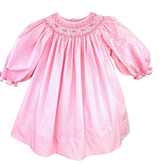 Pink Dot Dress w/ Bishop Smocking