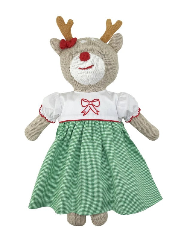 Knit Reindeer Doll with Embroidered Green Check Dress